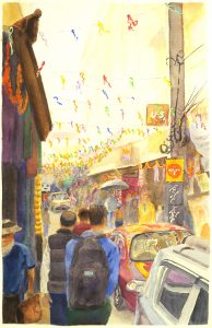 Watercolor of a street in Thamel, Nepal