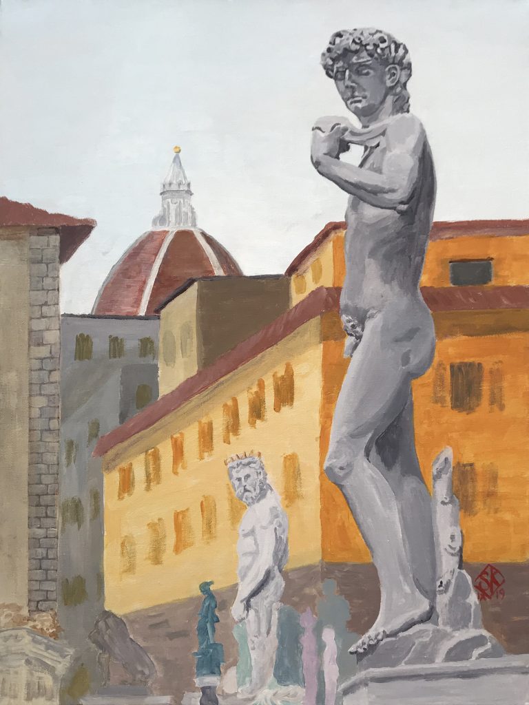 A view of the town square of Florence, Italy, with the statue of David being looked at in a jealous manner by a statue of Neptune