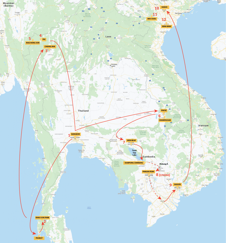 A google map of SE Asia, annotated with our trip