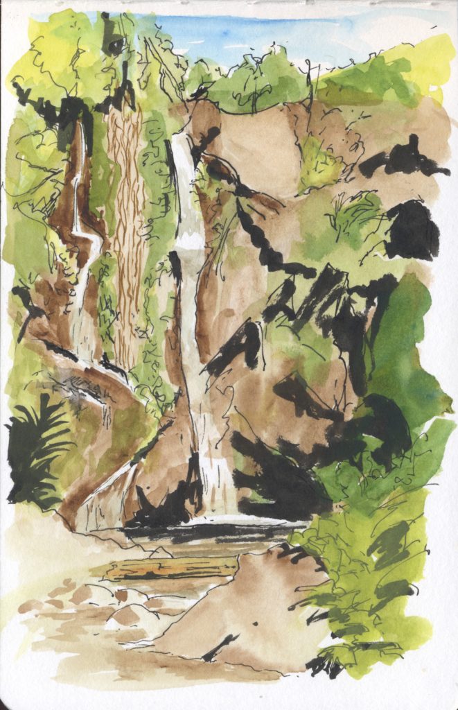 Ink and watercolor of the Mok Fa Waterfall