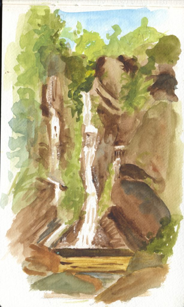 Onsite watercolor of the Mok Fa Waterfall, one of many along the Mae Hong Son Loop