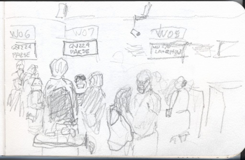 Quick pencil sketch of people checking in for flights at Bangkok's airport