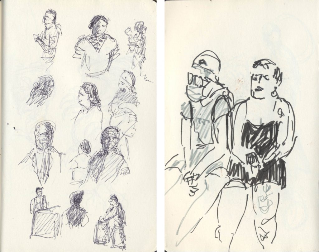 Two sketches of passengers at Pai's airport