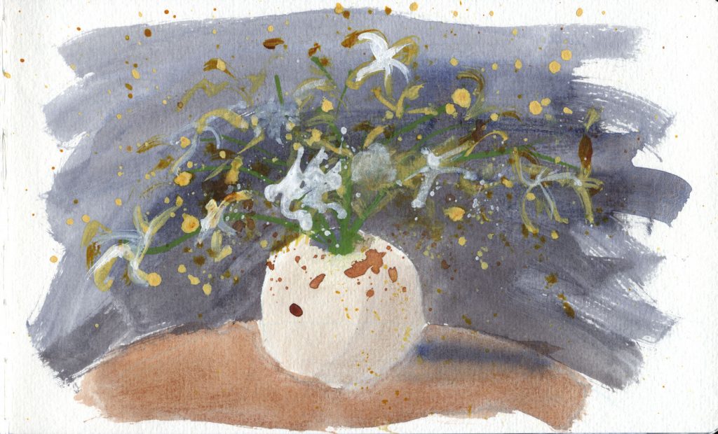 Ink-and-wash of a spray of orchids in a spherical stoneware vase