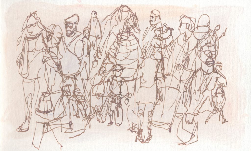 Ink drawing of a jumble of figures