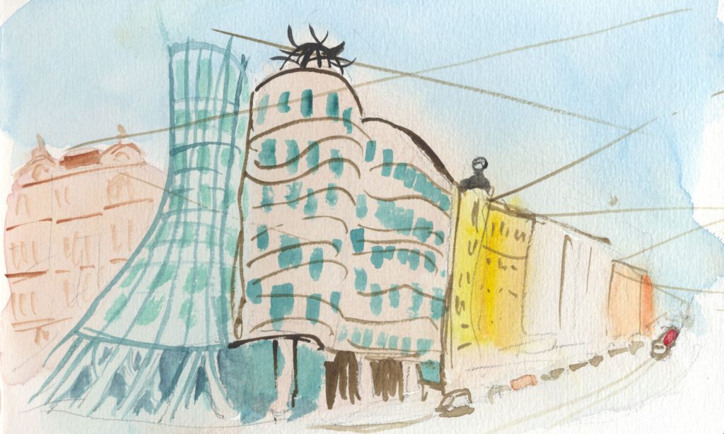 a loose watercolor showing the Dance Center building in Prague