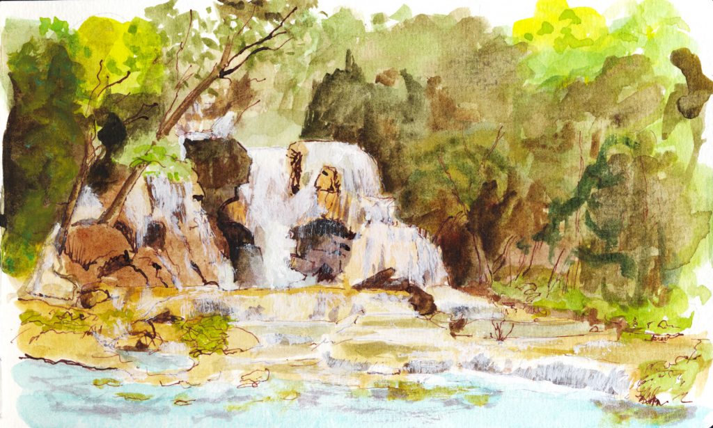 Ink-and-wash of a waterfall in the jungle near Luang Prabang, in Laos