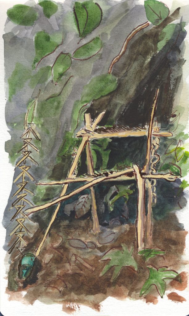 Ink-and-wash showing an altar made of sticks and woven bamboo in the jungle of Northern Thailand