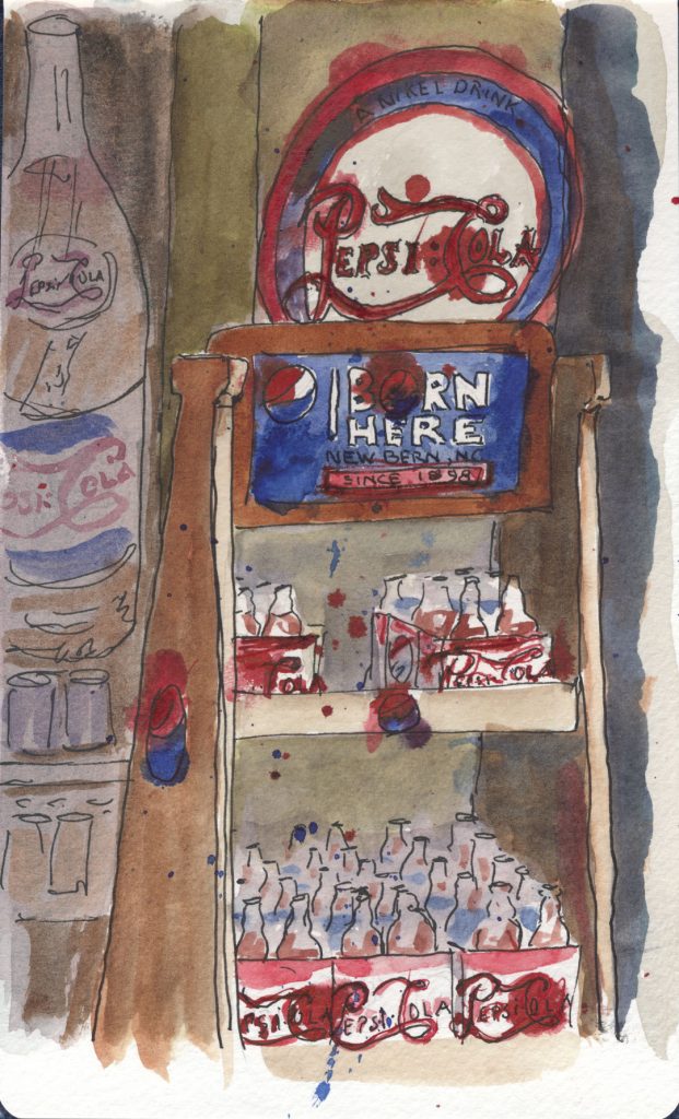 Ink-and-wash of the window display of a Pepsi store