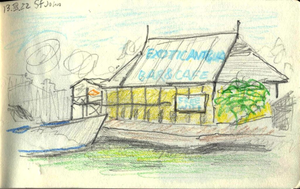 A little, quick pencil sketch done from the dock: "Exotic Antigua Bar & Cafe/ Free WiFi"