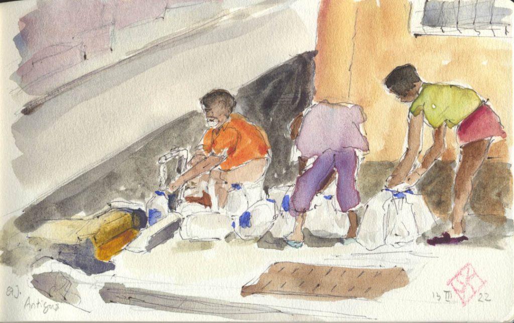 A middle-age man and two young women fill water jugs, ink-and-wash