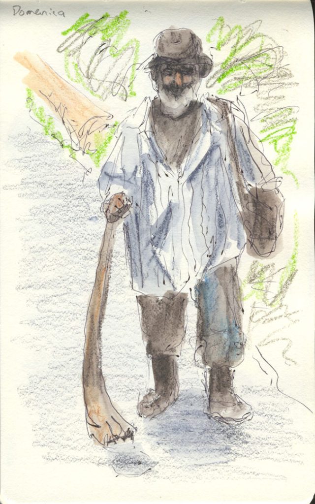 Old man walking along the road, ink and wash