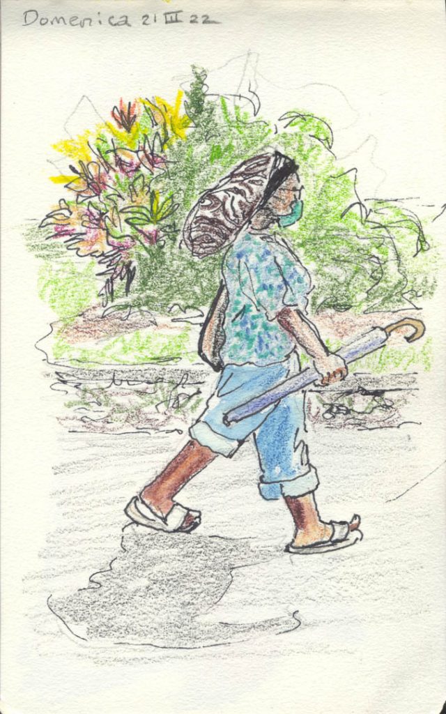 Pen and pencil drawing of a woman walking along the road in Dominica