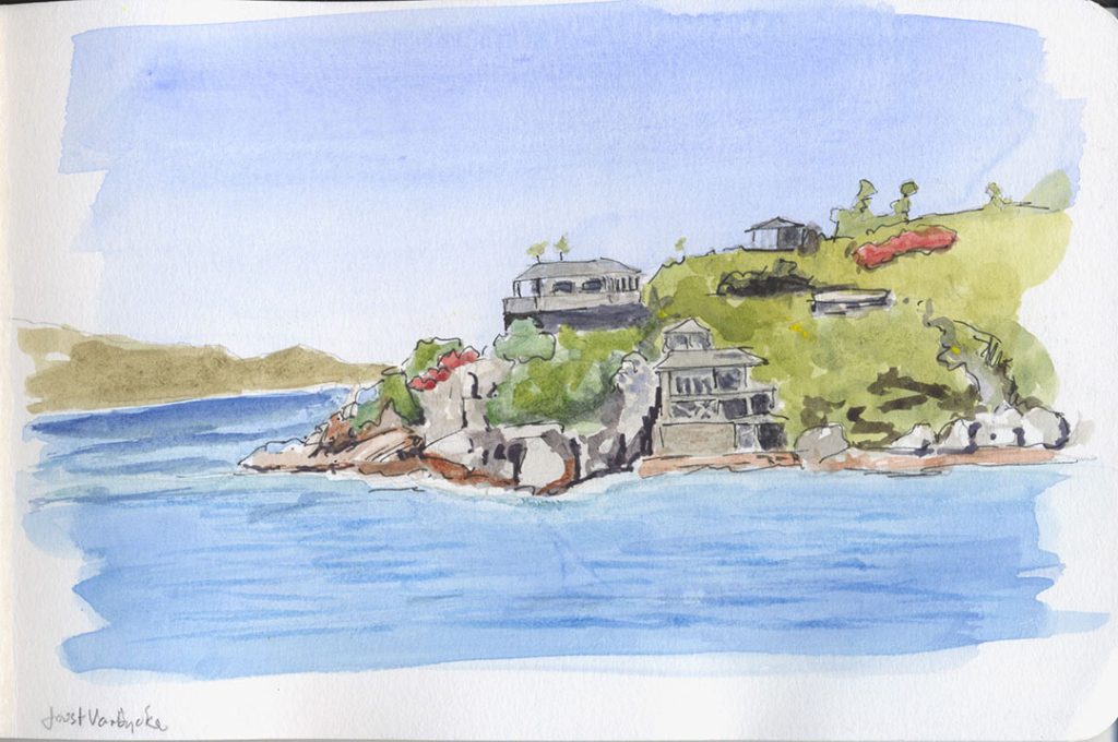 Watercolor of fancy buildings on the end of a peninsula