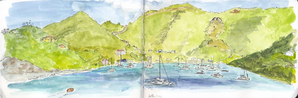 Ink and wash panorama of the harbor at Jost Van Dyke