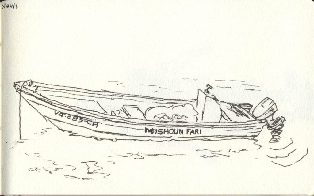 Ink drawing of a small fishing boat the "Moshoun Fari" in Nevis