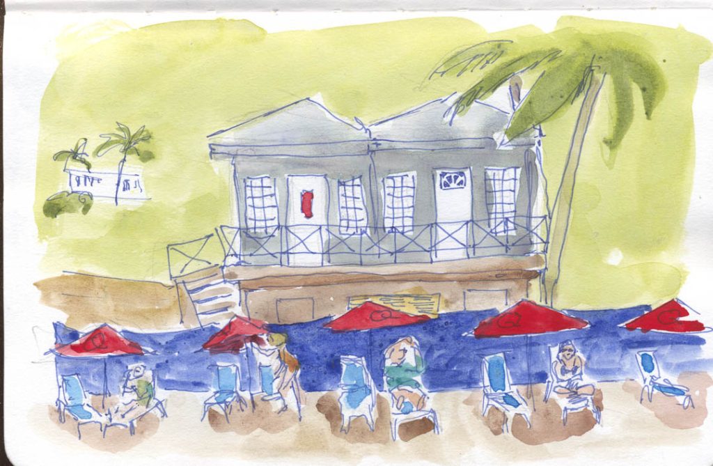 Pen and ink drawing of a line of umbrellas and of two cabanas on a beach on Tortola