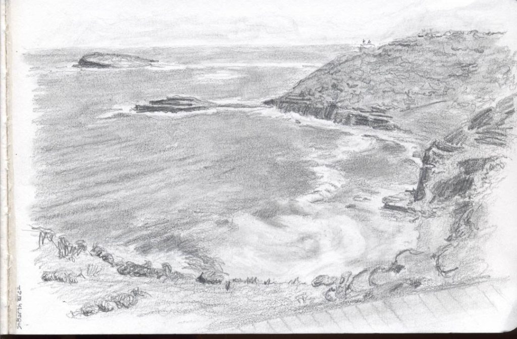 Pencil drawing of a rocky beach on the island of St Barthelemy