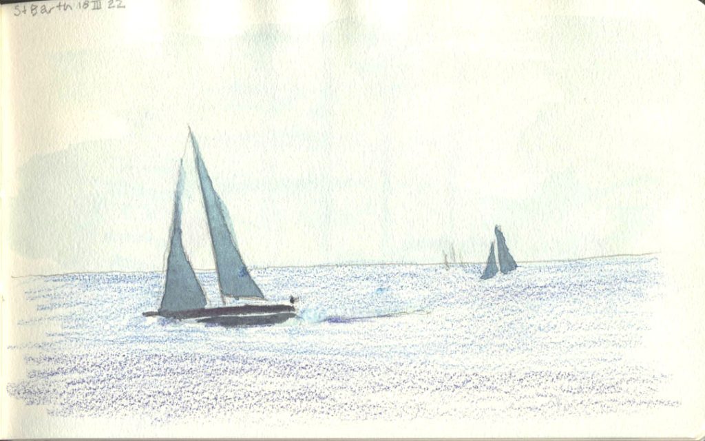 Quick pencil drawing of sailboats in the distance, competing in the Bucket Regatta of St Barthelemy