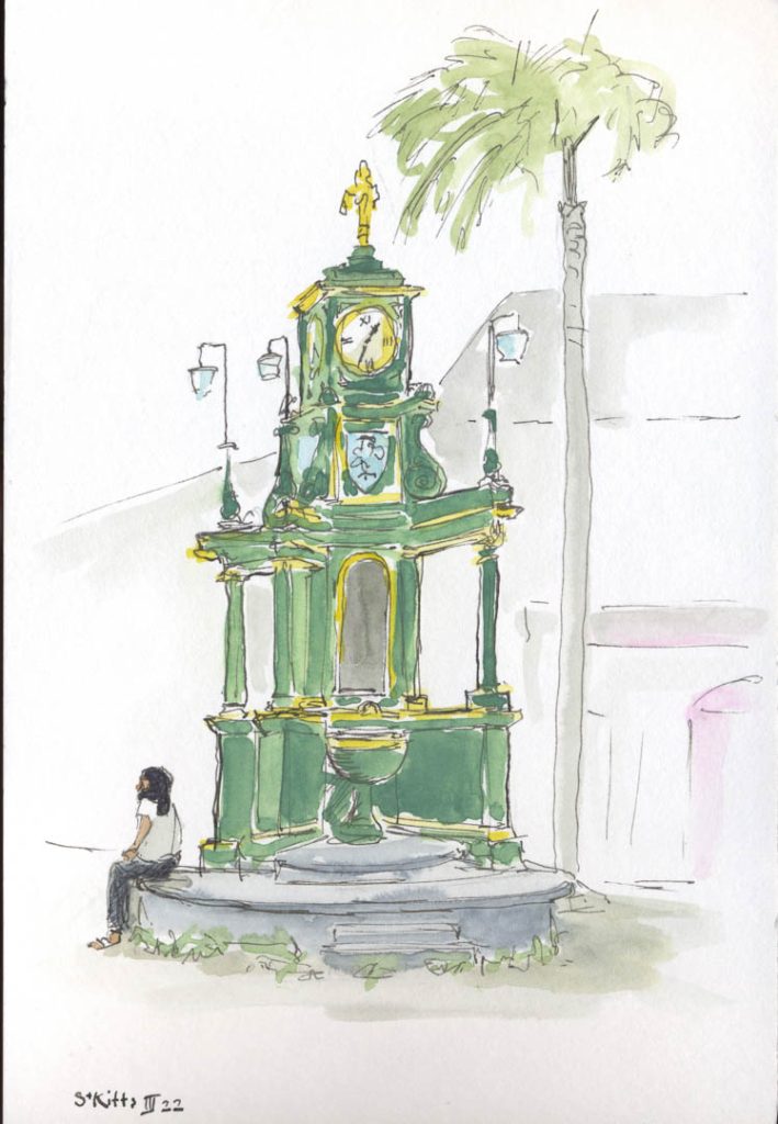 Ink and wash picture of large, green clock in the middle of a square in Basseterre, St Kitts