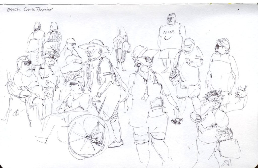 marker sketch of passengers from one of the large cruise ships in the cruise terminal of Basseterre