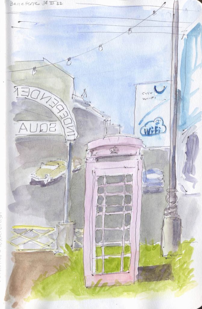 Ink and wash drawing of a pink London-style phone booth in Independence Square, Basseterre