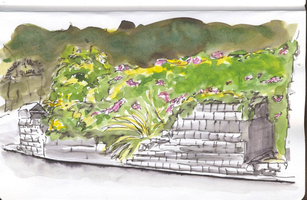 Ink and wash of the ruins of a stone governmental building in Basseterre