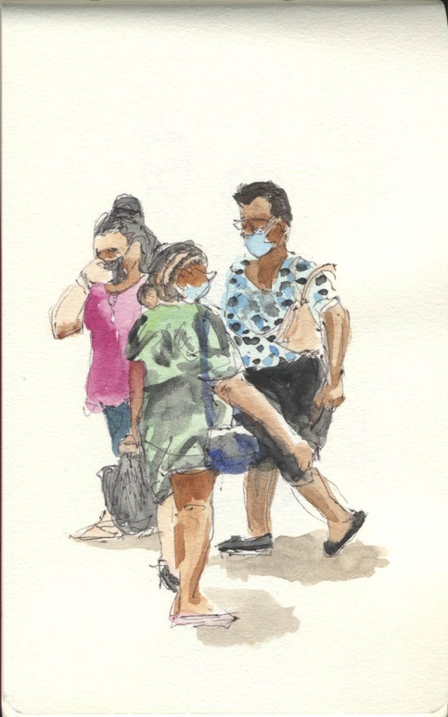 Pen and ink drawing of three citizens of Basseterre, perhaps going to work