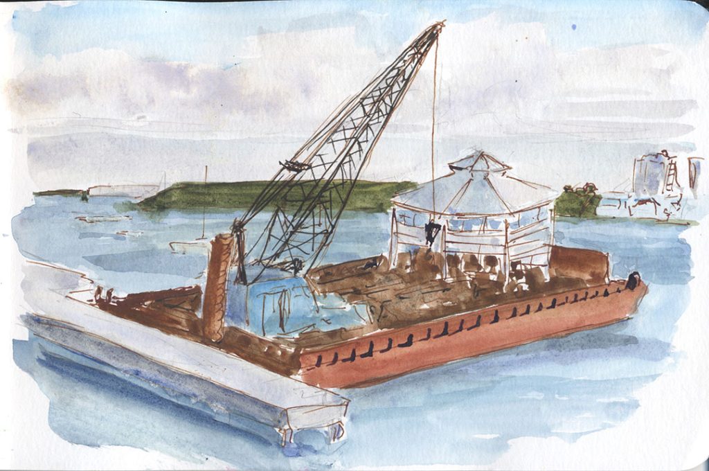 Ink and wash of barge with a crane and a building