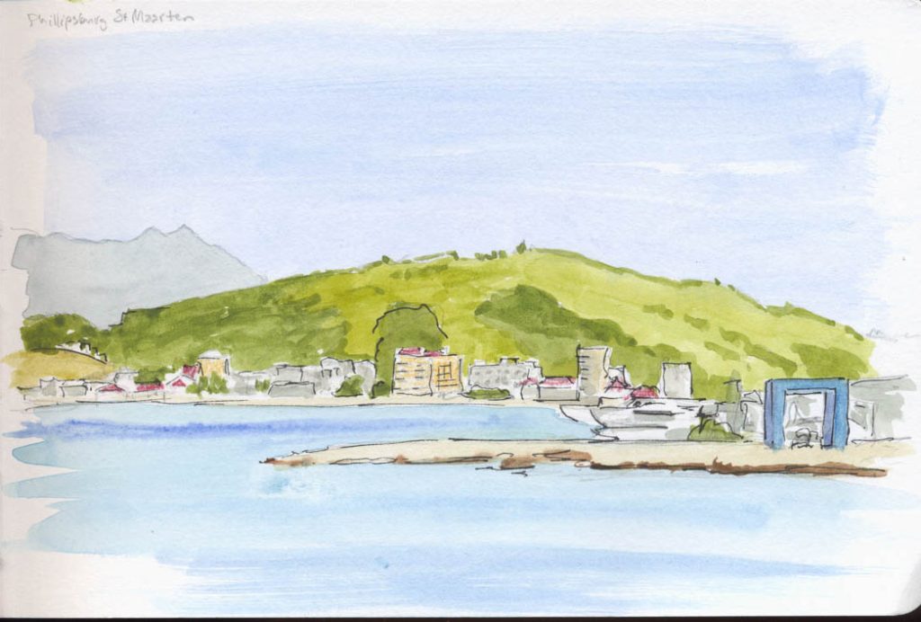 watercolor of the view of the harbor of St Maarten from our ship