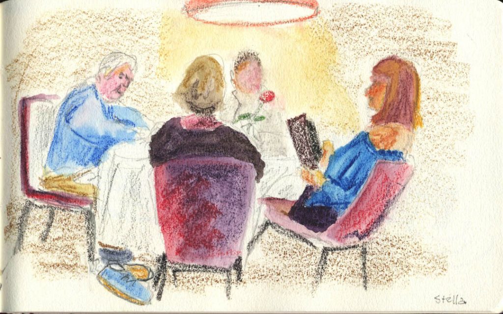 Pencil drawing of four diners in the swanky "Stella" dining room aboard the WindSurf. One diner has kicked his shoes to the side.