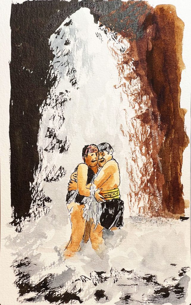 Pen and ink of us under a waterfall in the mountains of Dominica