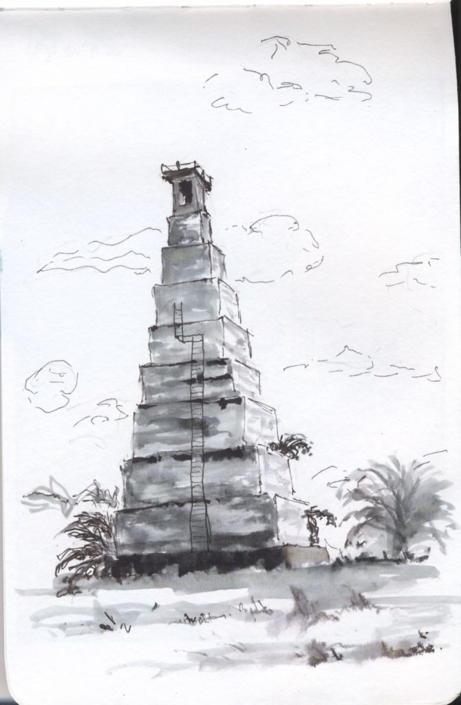 Ink and wash of a tall, narrow pyramid