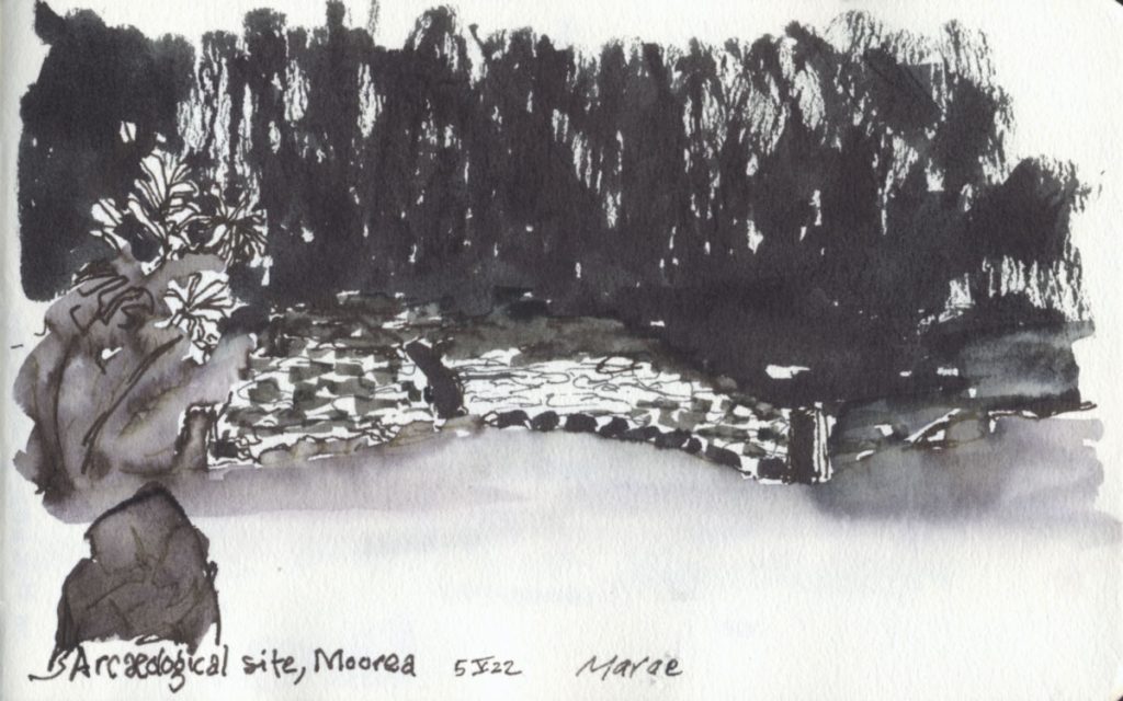 Dark ink drawing of a platform of rough stones at the end of the jungle