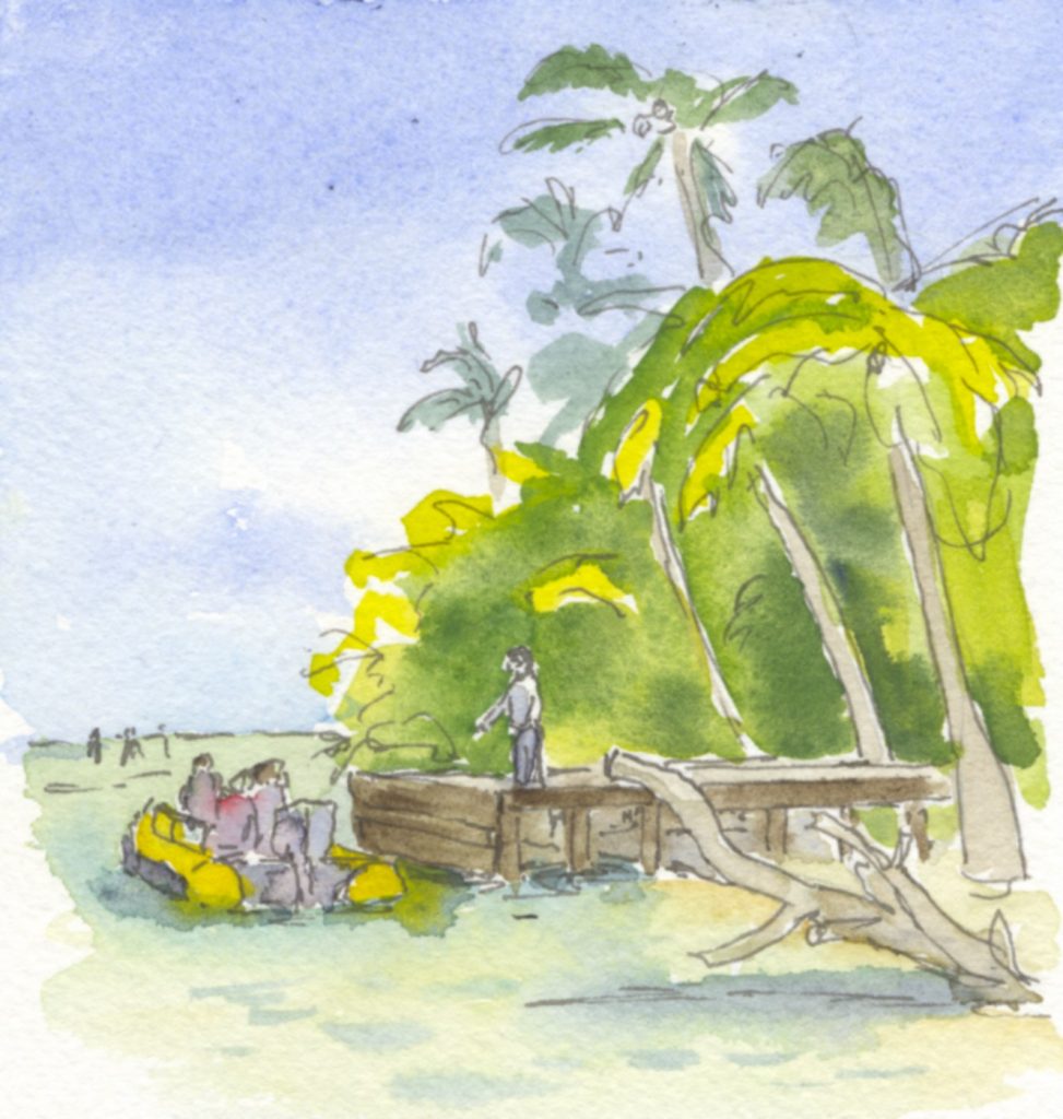 people arriving at an island on a Zodiak