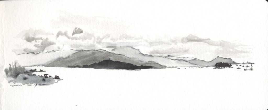 Ink and wash panorama of Riatea lagoon